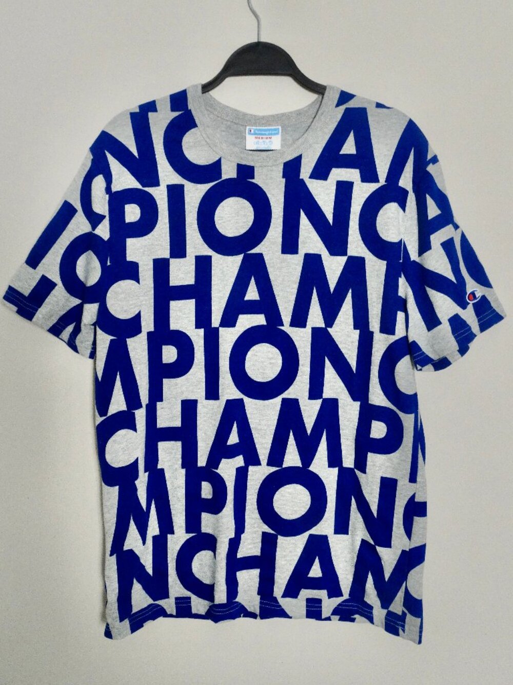 Men's Champion Vintage All Over Print Sizme M - Grey and Blue Y2K Gorpcore